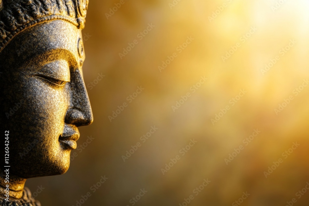 Serene stone buddha face in golden light background Serene stone buddha face in golden light background