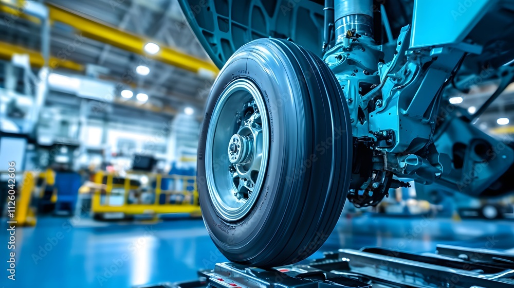 Fototapeta premium Airplane wheel compartment with mechanical components and hydraulic systems, essential for safe landing and takeoff. Precision engineering and aviation safety concepts.