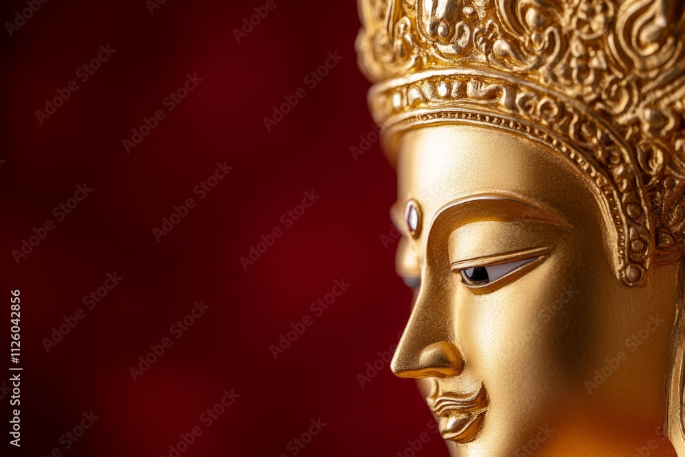 Golden buddha head sculpture on red background with intricate details and tranquil expression Golden buddha head sculpture on red background with intricate details and tranquil expression