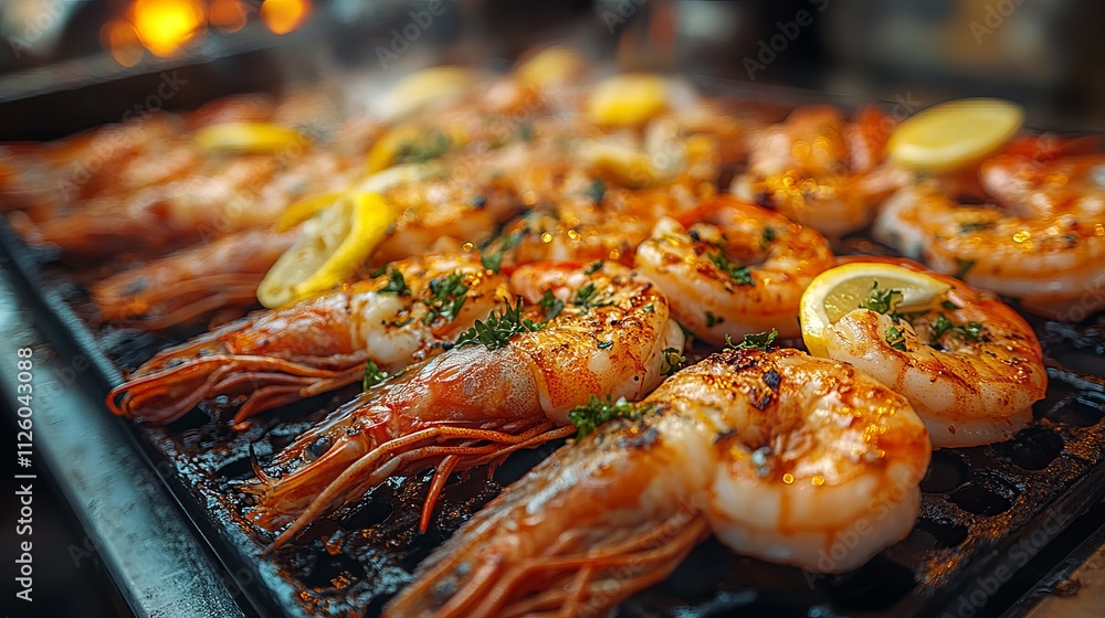 Grilled Shrimp with Lemon Slices on Charcoal Grill for Summer Feast Grilled Shrimp with Lemon Slices on Charcoal Grill for Summer Feast