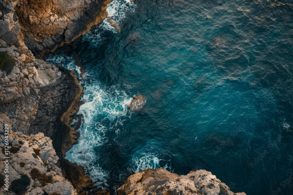 Waves gently crash against rugged cliffs as the sun sets, casting warm hues over the serene coastal landscape, creating a peaceful ambiance. Waves gently crash against rugged cliffs as the sun sets, casting warm hues over the serene coastal landscape, creating a peaceful ambiance.