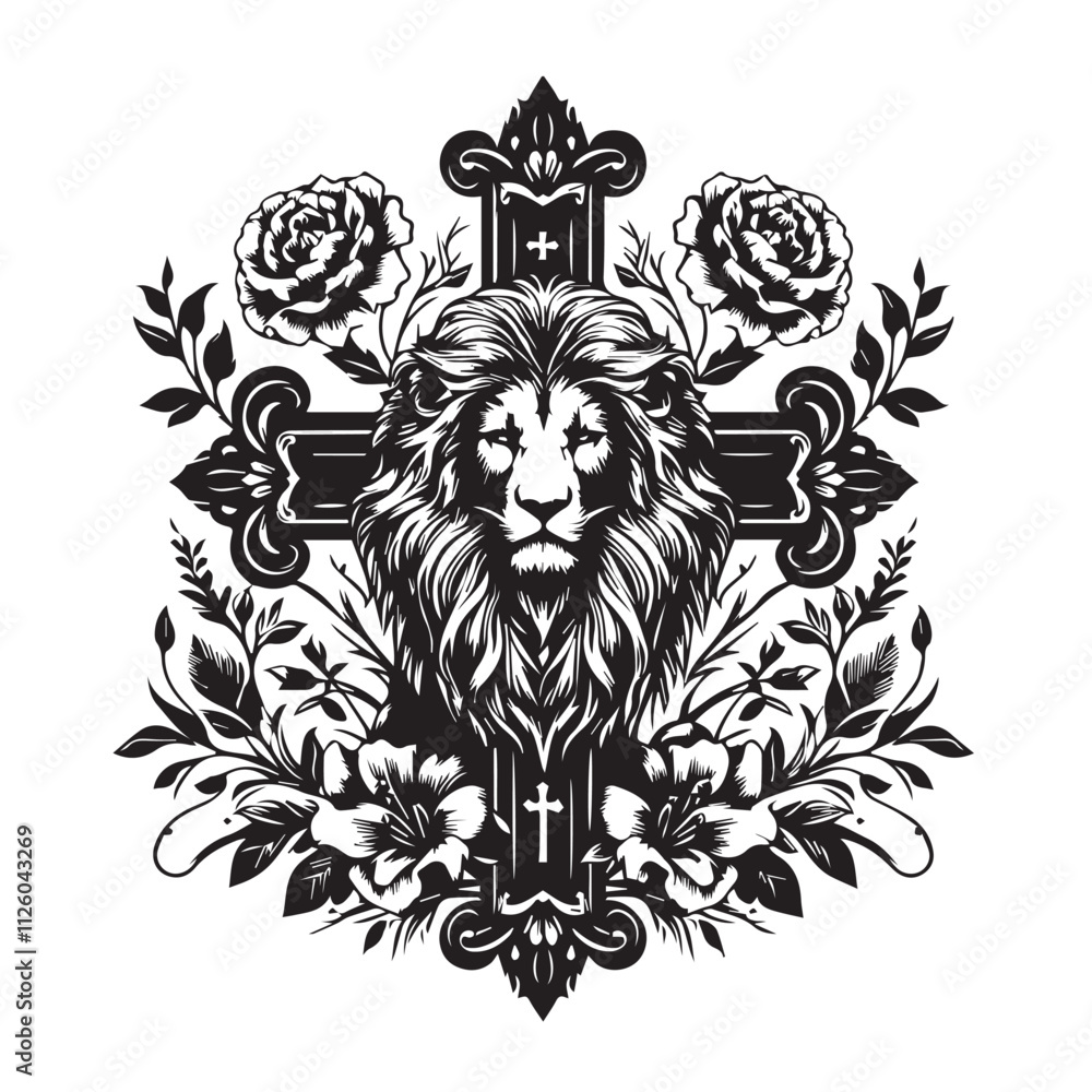 Fototapeta premium Floral Lion Cross Clipart vector design