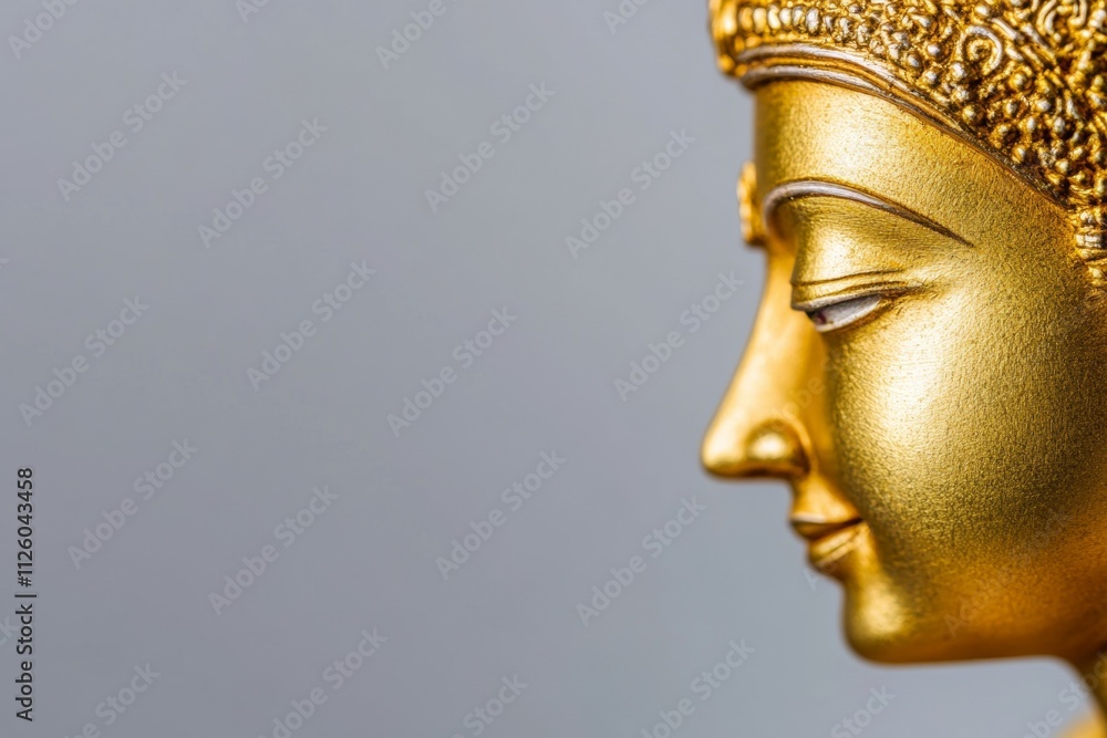 Golden buddha statue profile against gray background Golden buddha statue profile against gray background