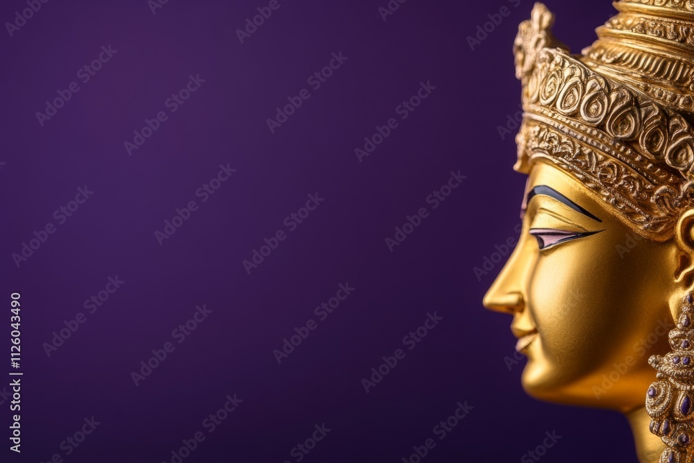 Golden sculpture of hindu deity with intricate crown on purple background Golden sculpture of hindu deity with intricate crown on purple background