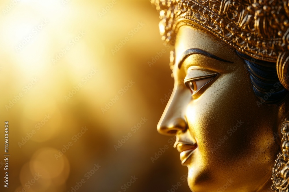 Golden hindu goddess statue with intricate details and sunlight glow Golden hindu goddess statue with intricate details and sunlight glow