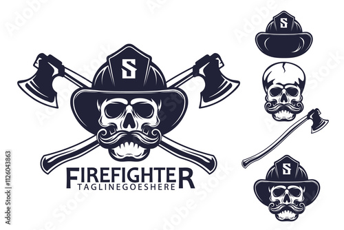 Firefighter And Crossed Axes Hatchet with Mustache Skull Wearing Fireman Helmet, Logo Vector Illustration