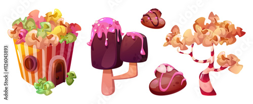 Candy land game ui landscape sugary delight elements - house made from bucket of colorful popcorn, ice cream with chocolate glaze and sweet snacks and caramel cane trees, cocoa heart confectionery.