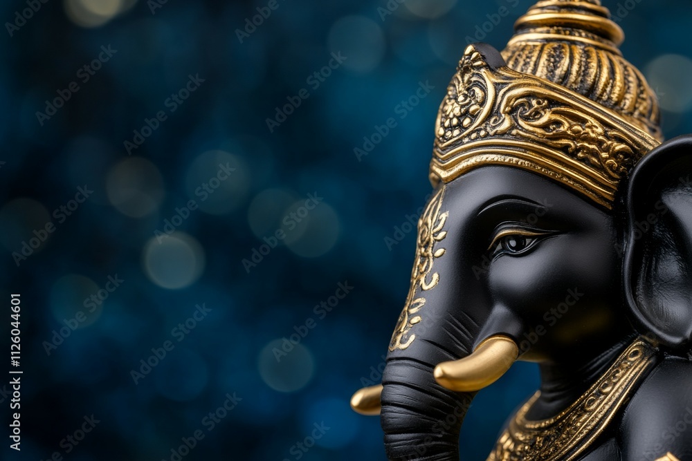 Elegant black and gold ganesha idol on blue bokeh background Elegant black and gold ganesha idol on blue bokeh background