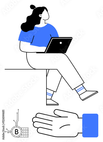 Woman sitting with laptop, outstretched hand, Bitcoin symbol emphasizing tech, finance, remote work, investment, digital currency, blockchain online interaction. Ideal for finance technology