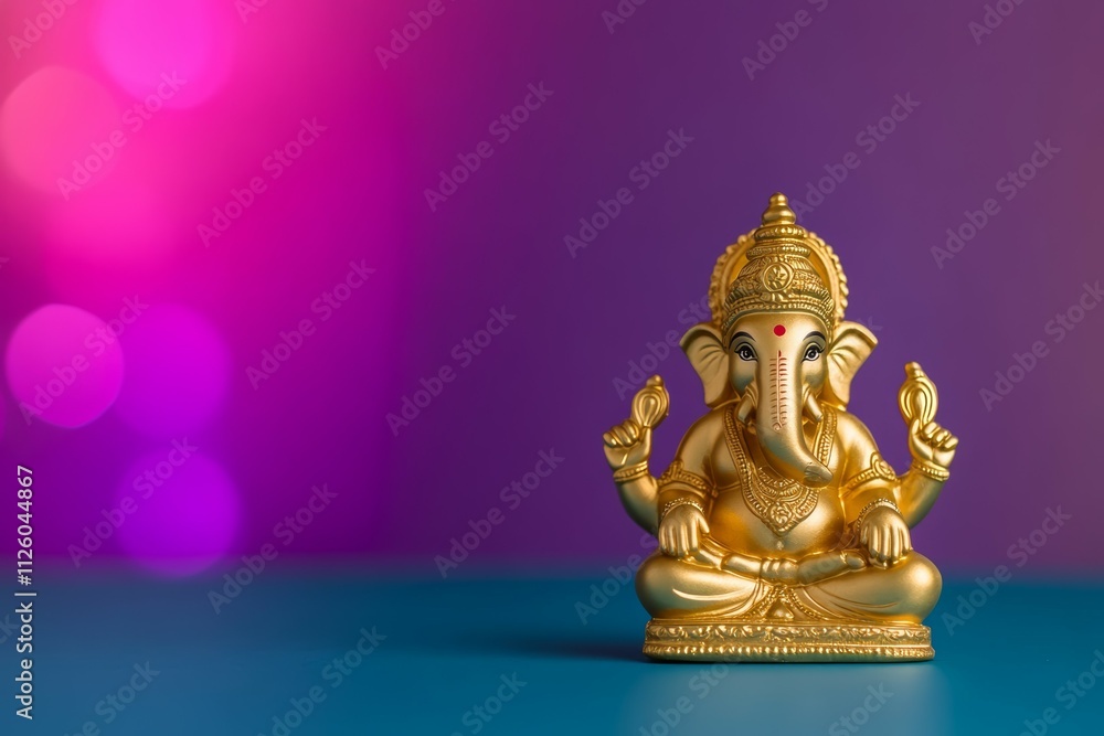 Golden hindu ganesha statue on colorful background with bokeh lights Golden hindu ganesha statue on colorful background with bokeh lights