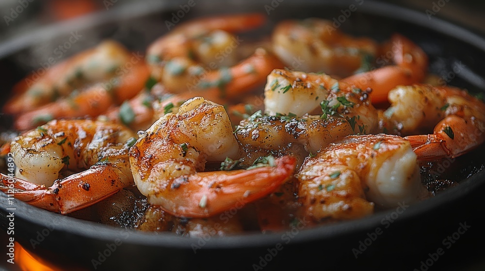 Sizzling Shrimp Dish with Fresh Herbs and Spices on a Hot Plate Sizzling Shrimp Dish with Fresh Herbs and Spices on a Hot Plate
