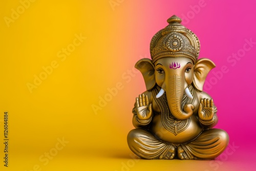 Gold statue of hindu deity ganesha on vibrant yellow and pink background