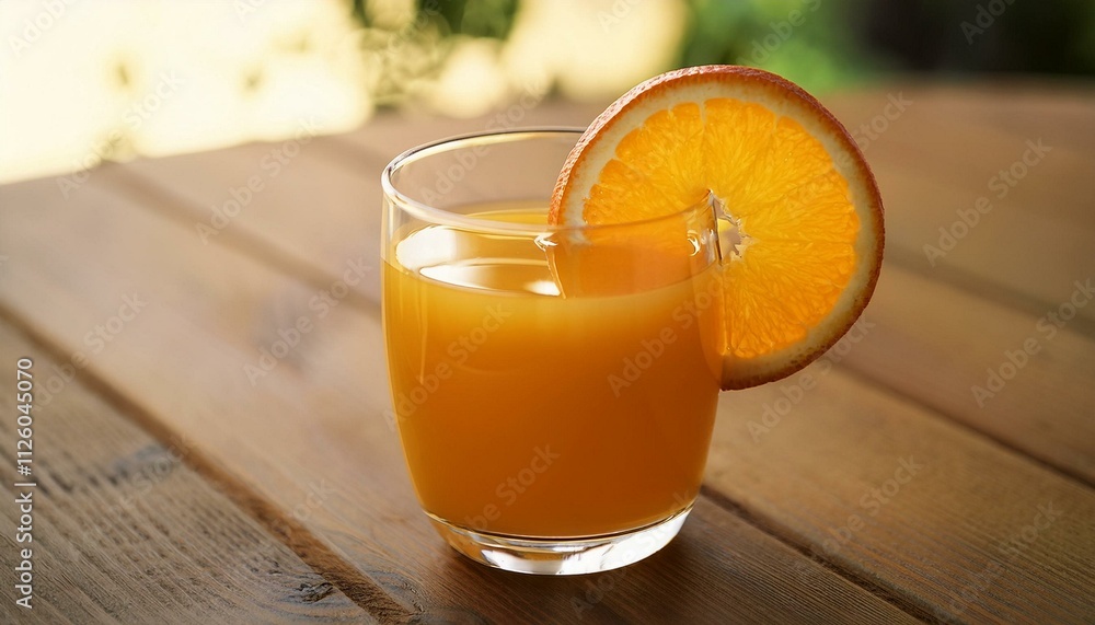 A refreshing glass of fresh orange juice served with a slice of orange on the rim. A refreshing glass of fresh orange juice served with a slice of orange on the rim.