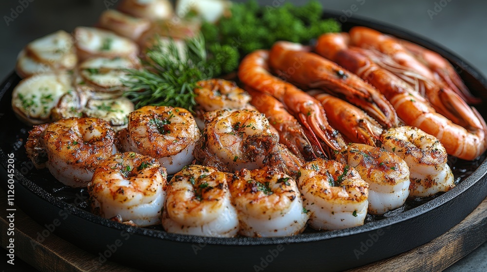 Grilled Seafood Platter with Fresh Shrimp and Scallops on Skillet Grilled Seafood Platter with Fresh Shrimp and Scallops on Skillet