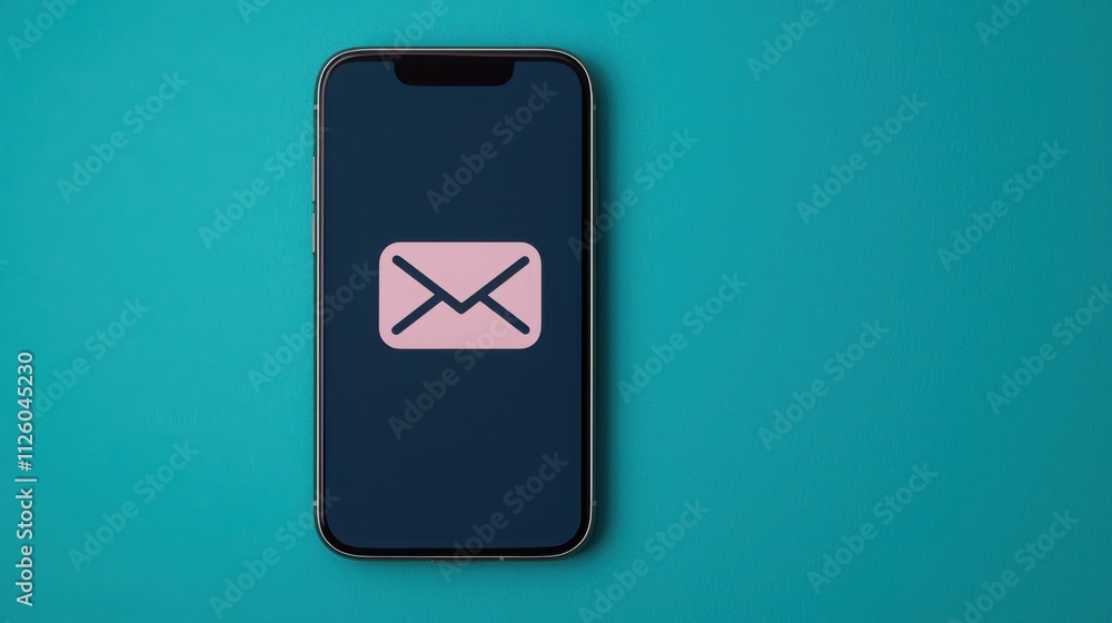 Spam call phone and protection concept. Smartphone displaying an email icon on a teal background. Spam call phone and protection concept. Smartphone displaying an email icon on a teal background.