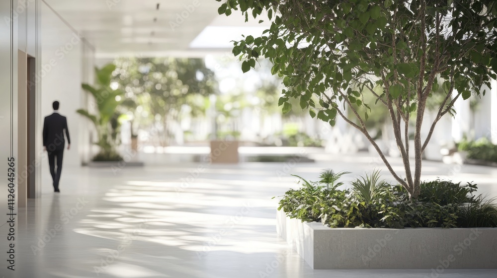 Serene Indoor Botanical Oasis with Silhouetted Figure Serene Indoor Botanical Oasis with Silhouetted Figure