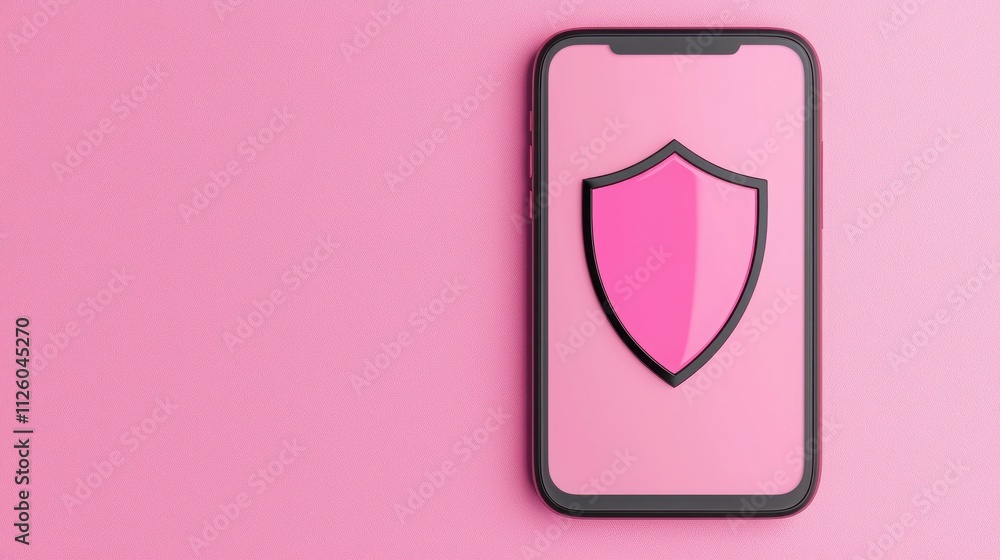 Spam call phone and protection concept. Mobile phone displaying a pink shield icon on a pink background. Spam call phone and protection concept. Mobile phone displaying a pink shield icon on a pink background.
