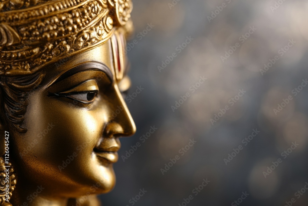 Intricate golden hindu deity statue close-up with bokeh background Intricate golden hindu deity statue close-up with bokeh background