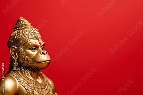 Golden hanuman statue against minimalistic red background photo