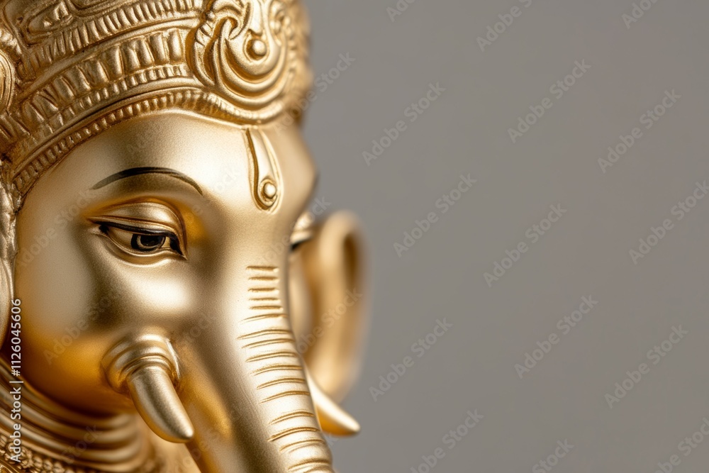 Obraz premium Close-up of golden ganesh statue with intricate details and tranquil expression