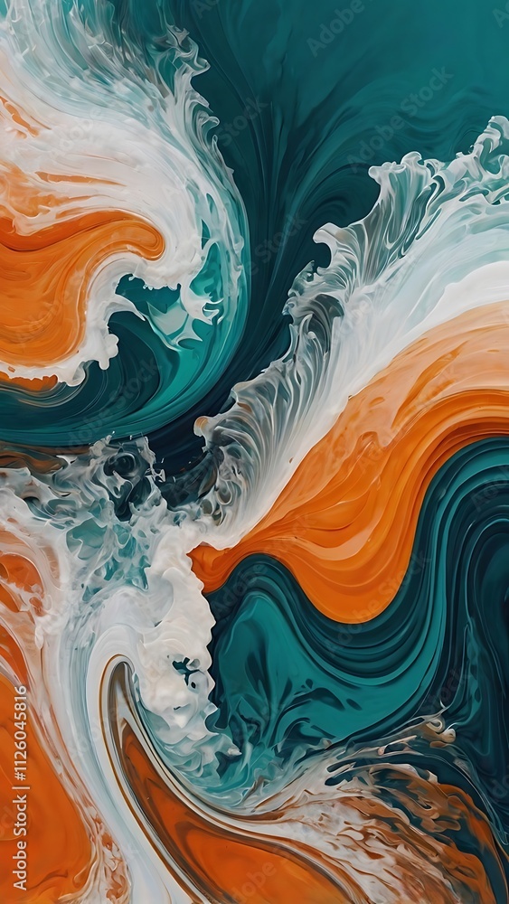 Blue, white and orange swirl of sea water like liquid waves abstract background phone wallpaper 9:16 AR Blue, white and orange swirl of sea water like liquid waves abstract background phone wallpaper 9:16 AR