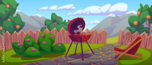 Cozy backyard with red BBQ grill emitting smoke surrounded by lush greenery and fruit trees. Wooden fence around garden, stone pathway and lounge chair. Outdoor activities home barbecues in garden.