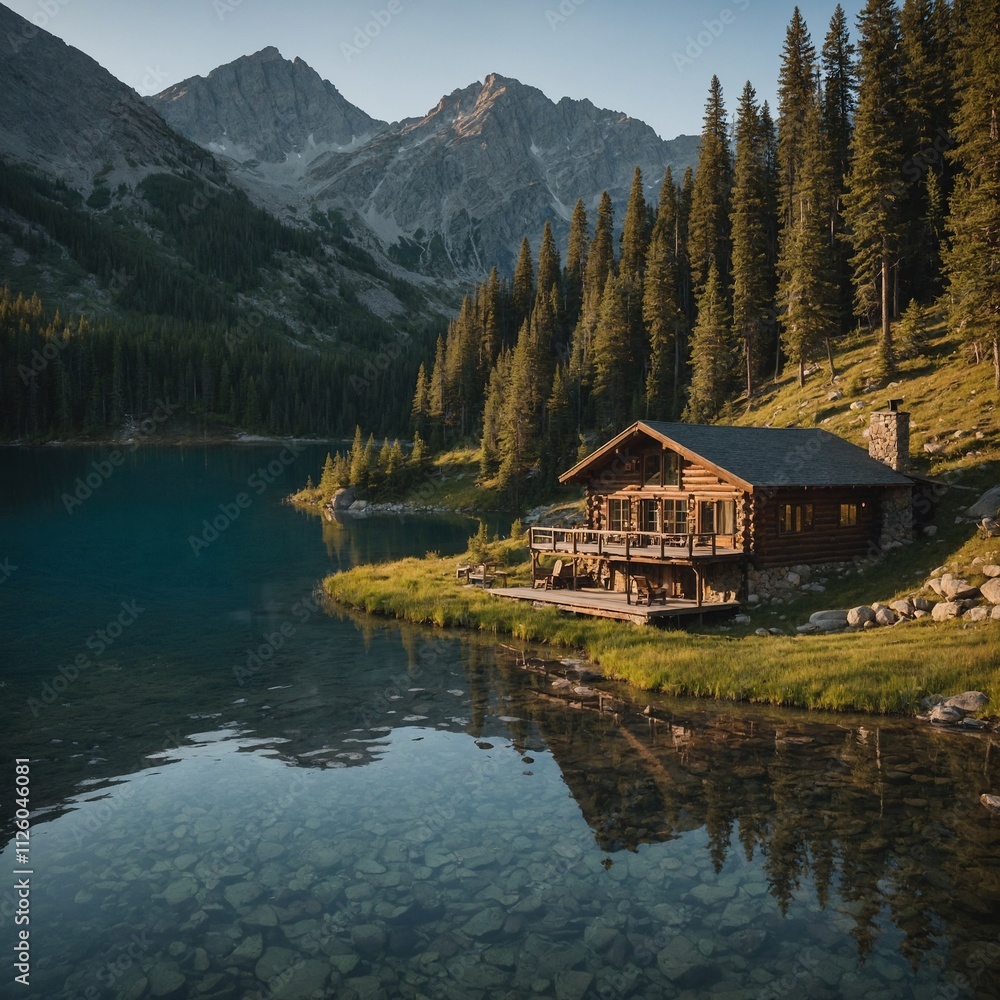 Fototapeta premium A peaceful mountain cabin beside a sparkling lake.