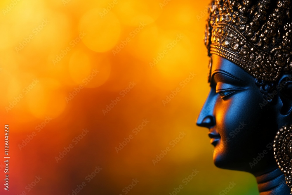 Elegant profile of dark bronze hindu deity against vibrant bokeh background Elegant profile of dark bronze hindu deity against vibrant bokeh background