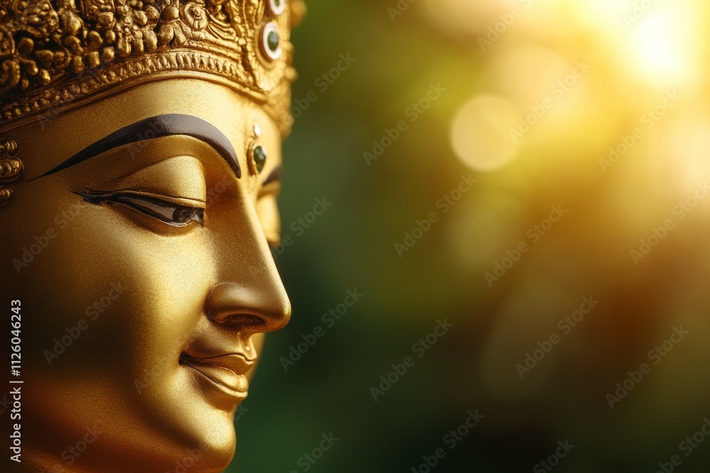 Serene golden buddha face in sunlit nature with peaceful background Serene golden buddha face in sunlit nature with peaceful background