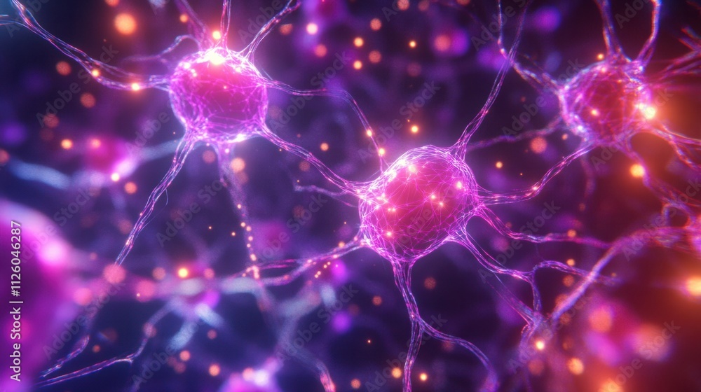 Digital mesh representation of a neural network with vibrant glowing nodes spreading across a dark gradient background Digital mesh representation of a neural network with vibrant glowing nodes spreading across a dark gradient background