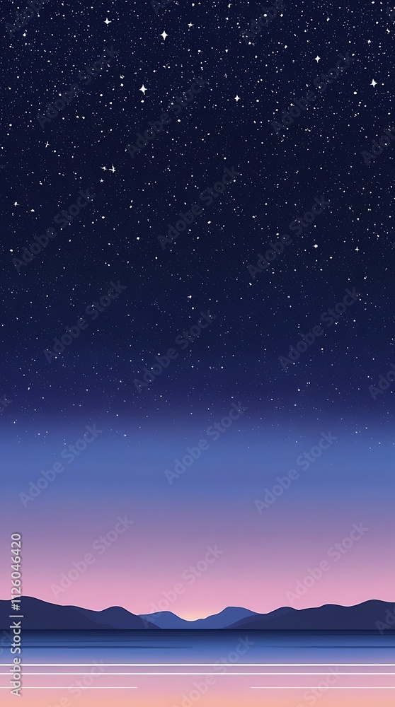 Starry vintage sky illustration landscape with mountains below, phone wallpaper combination of purple, blue and violet in a beautiful night