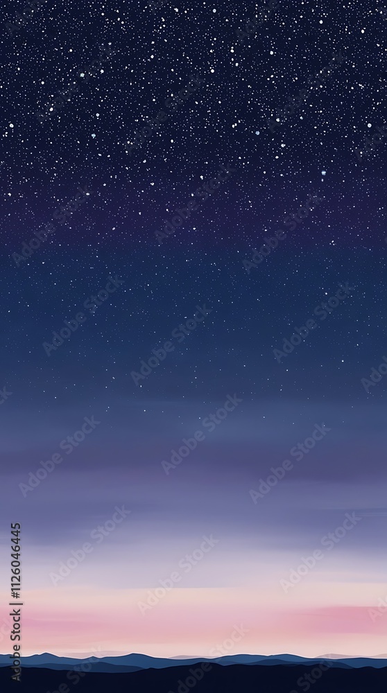 Naklejka premium Starry vintage sky illustration landscape with mountains below, phone wallpaper combination of purple, blue and violet in a beautiful night