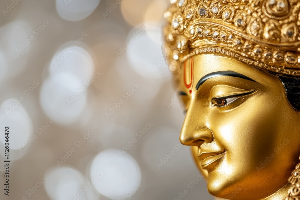 Close-up of an intricate gold hindu deity sculpture with bokeh background Close-up of an intricate gold hindu deity sculpture with bokeh background