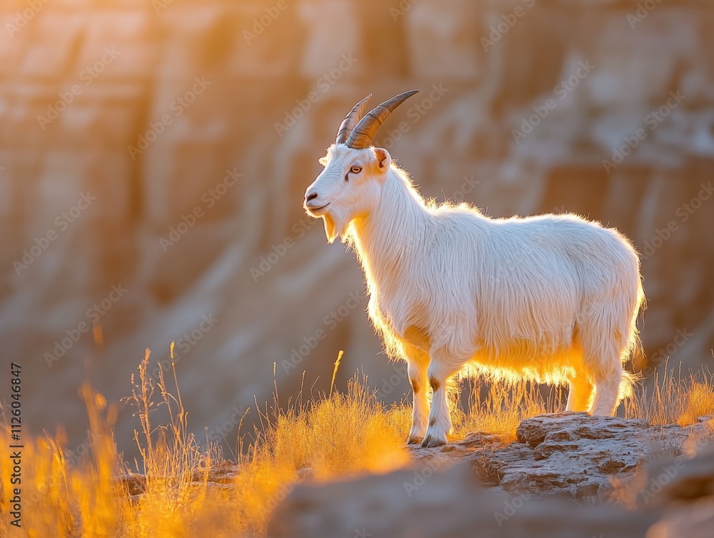Obraz premium majestic white goat standing on rocky terrain during sunset