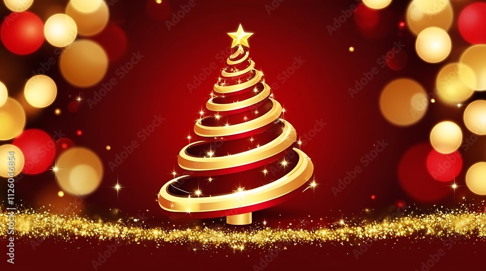 Spiral decorative golden tree on red background with bokeh golden and yellow lights illustration, Christmas theme wallpaper Spiral decorative golden tree on red background with bokeh golden and yellow lights illustration, Christmas theme wallpaper