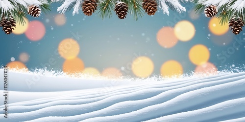 Christmas theme waves of snow on the surface with pine and Christmas decoration around the illustration and bokeh defocused lights with free copy space