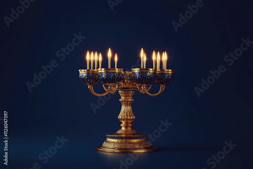 Happy Hanukkah greeting card template. Gold Menorah with candles on dark blue background. Hanukkah Jewish holiday celebration concept. 3D rendering 