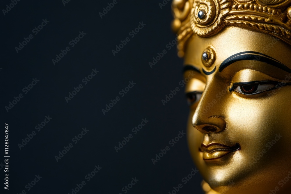 Golden hindu deity statue close-up with ornate crown and calm expression Golden hindu deity statue close-up with ornate crown and calm expression