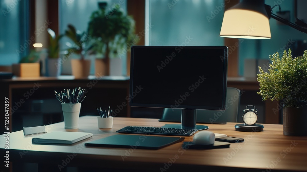 Cozy Office Workspace with Computer and Plants Cozy Office Workspace with Computer and Plants
