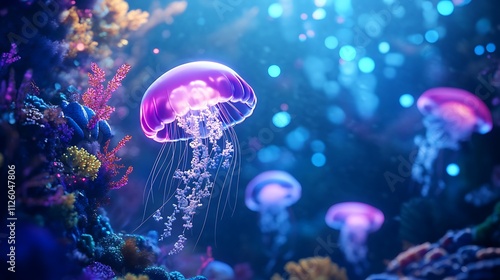 Glowing jellyfish swim in vibrant coral reef.