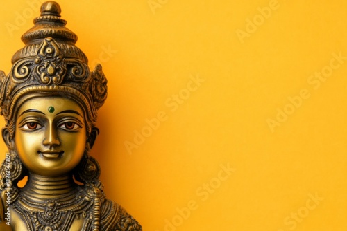 Golden brass hindu deity statue against vibrant yellow background