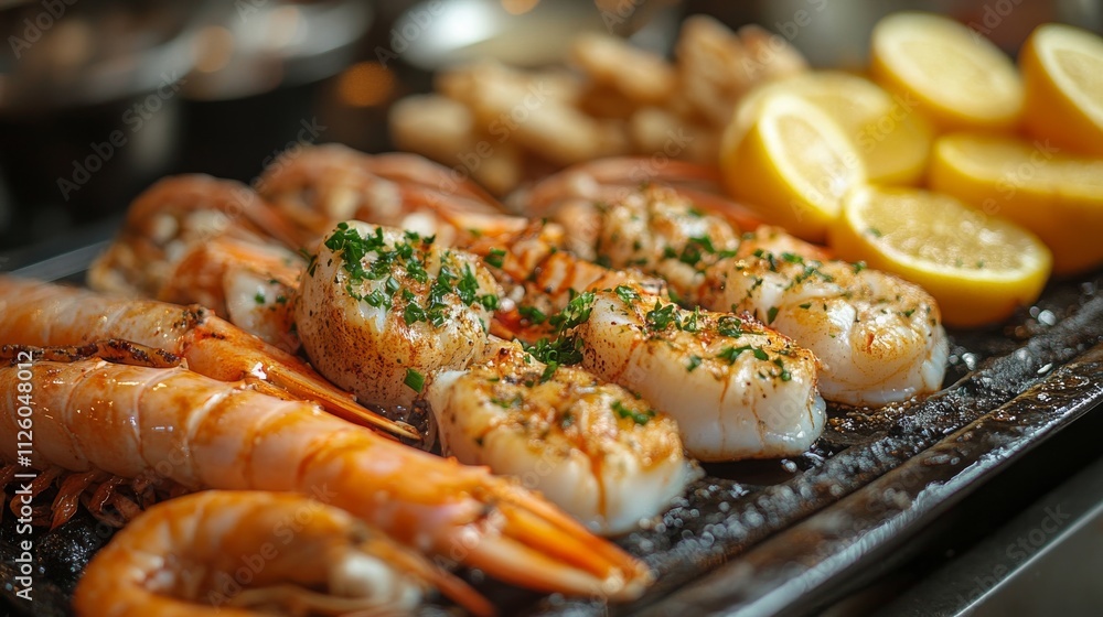 Fresh Grilled Seafood Platter with Shrimp, Scallops and Lemon Slices Fresh Grilled Seafood Platter with Shrimp, Scallops and Lemon Slices