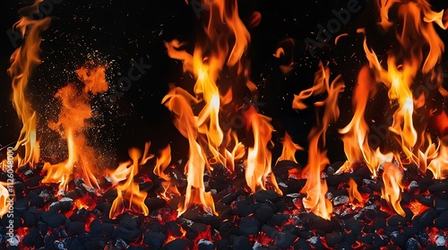 Burning blaze of fire on dark background, coal and heat