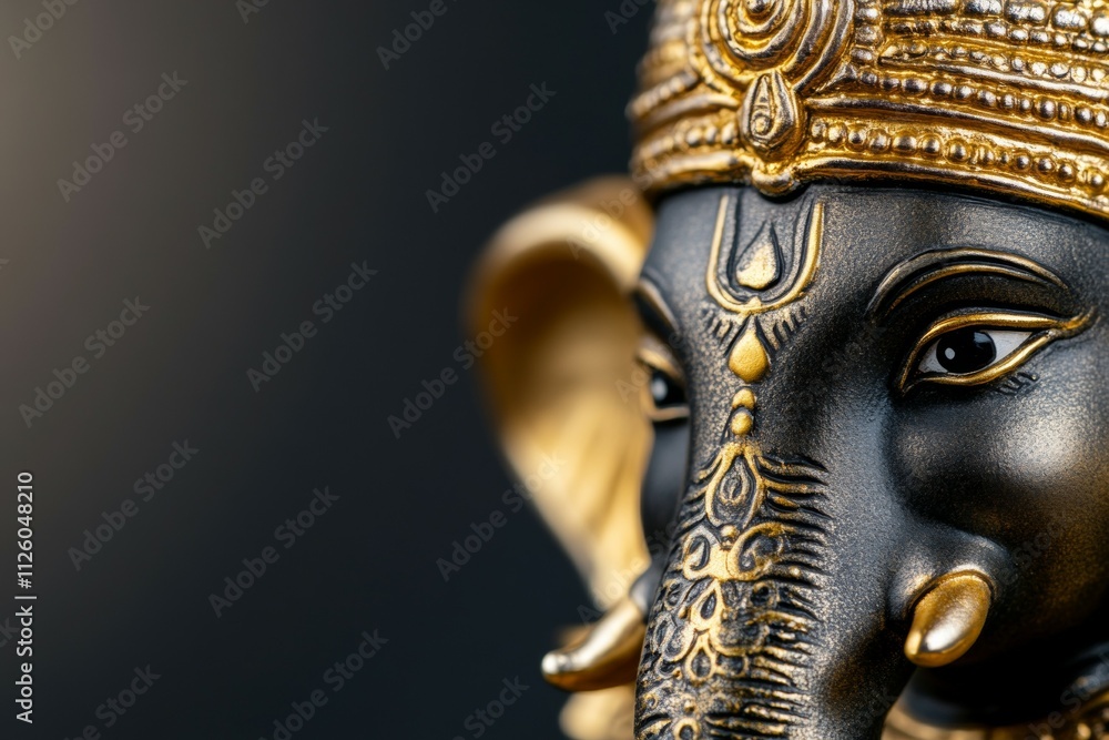Obraz premium Elephant head sculpture with ornate gold detailing on dark background