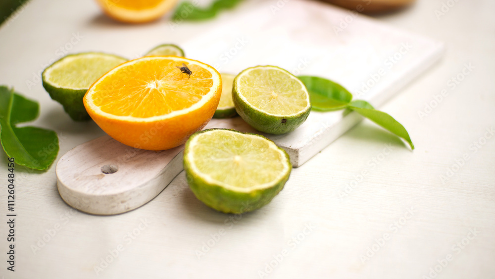 Orange slices on the table with a fly on them Orange slices on the table with a fly on them