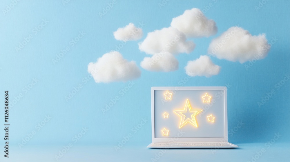 Futuristic Paper Laptop with Starry Screen and Glowing Lights Against Cloudy Blue Sky Futuristic Paper Laptop with Starry Screen and Glowing Lights Against Cloudy Blue Sky