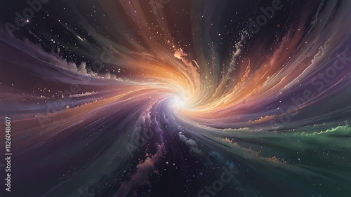 Subdued background with soft, translucent light streams in lavender, silver, and pale green, capturing the motion of energy being absorbed into the universe