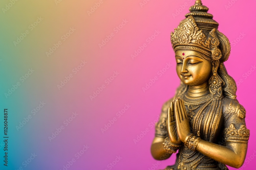Golden statue of hindu goddess on vibrant multicolored background Golden statue of hindu goddess on vibrant multicolored background