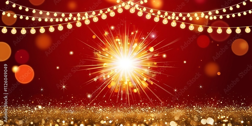 Sparked golden light on red background with shiny bright lights, light rays wallpaper design christmas and party theme illustration Sparked golden light on red background with shiny bright lights, light rays wallpaper design christmas and party theme illustration