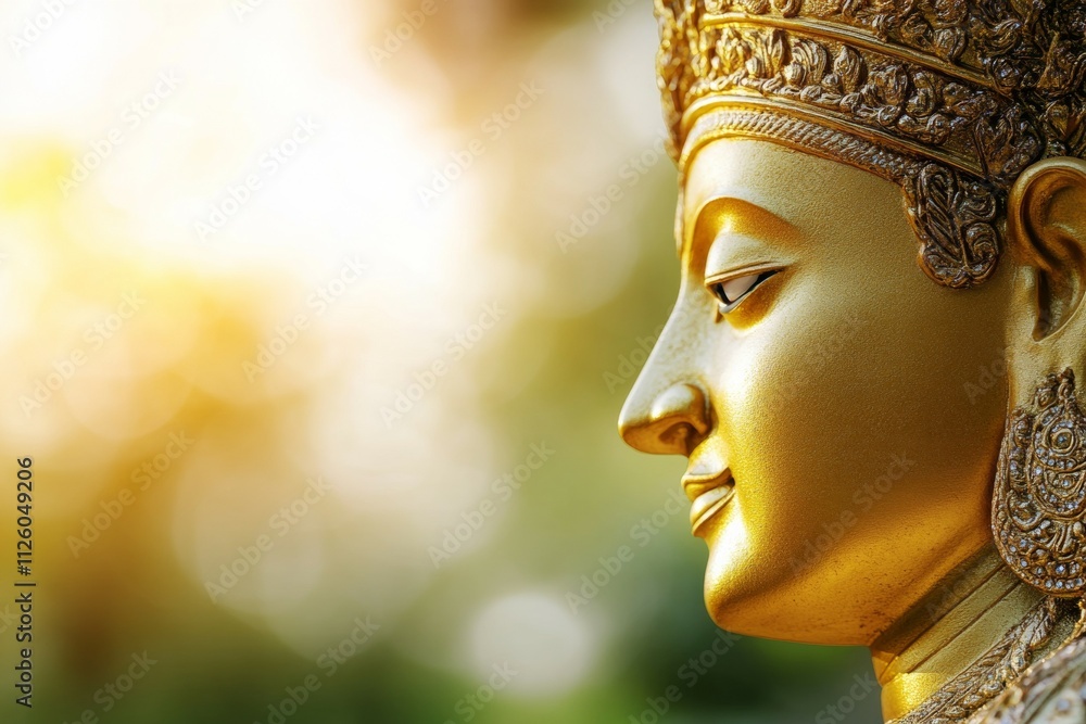 Golden buddha statue with ornate crown in serene natural setting Golden buddha statue with ornate crown in serene natural setting